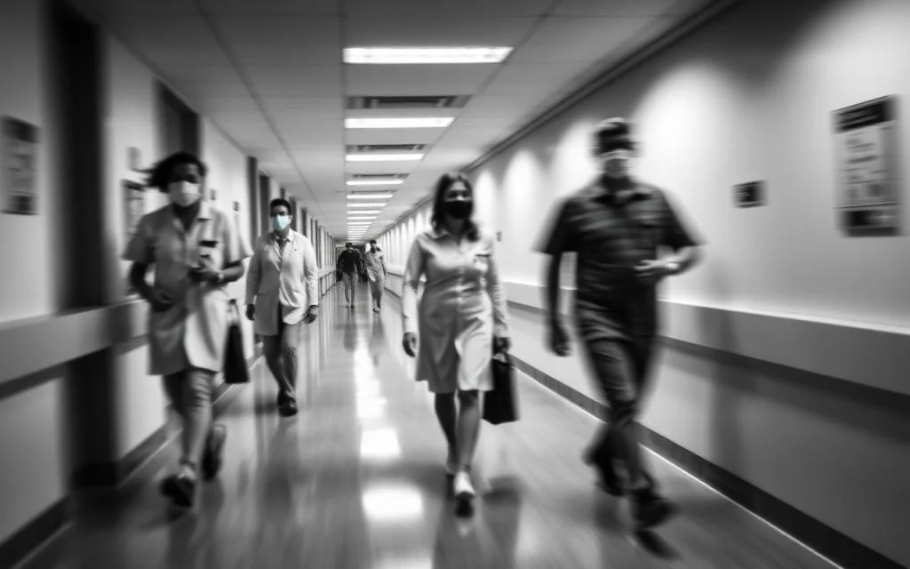 Clinical staff moving through a hospital corridor