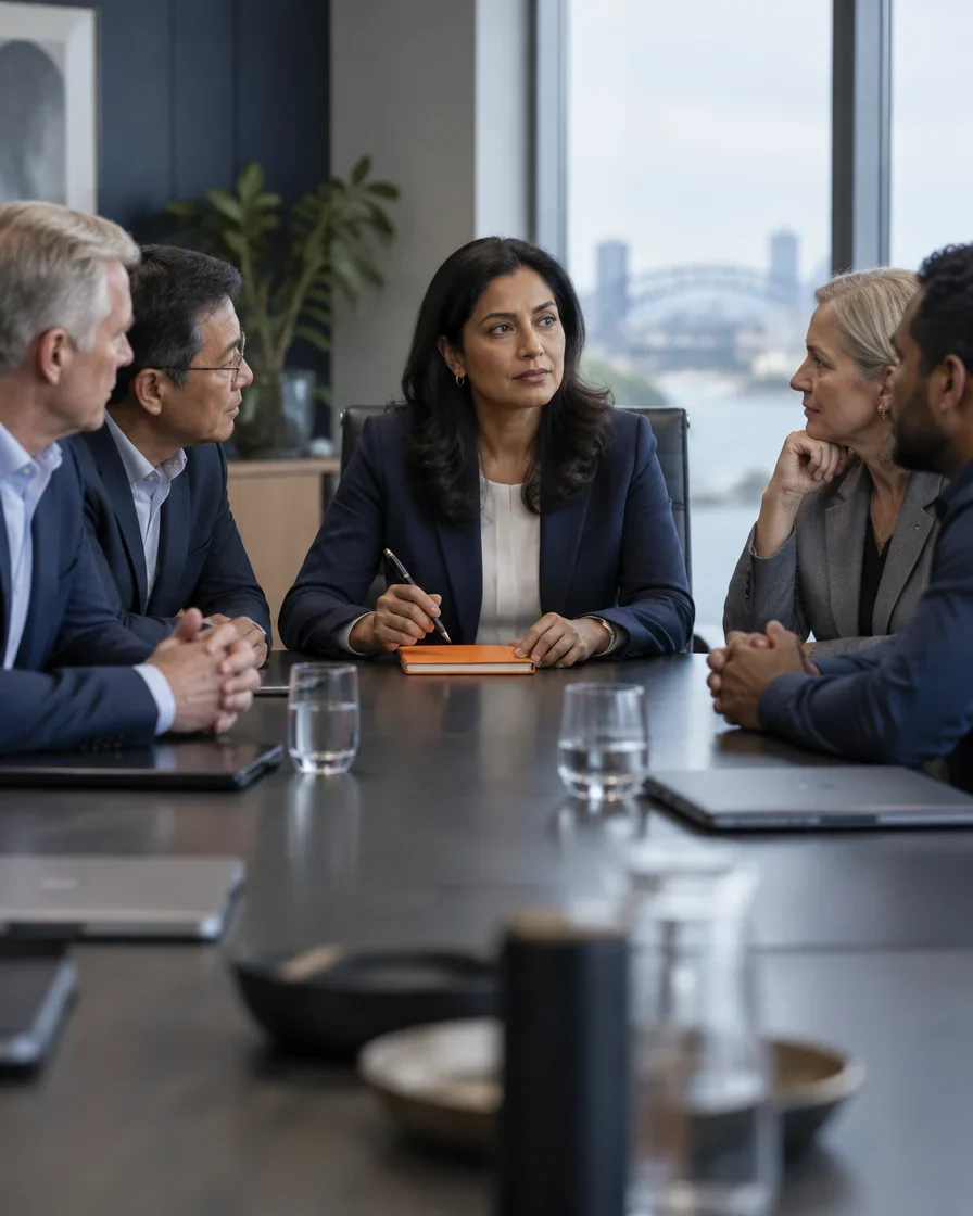 Senior leaders listening to a colleague in a boardroom
