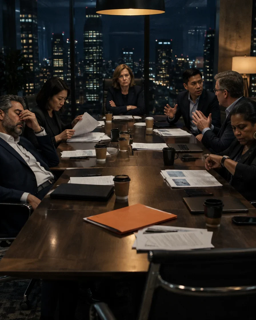Executives discussing a decision around a boardroom table